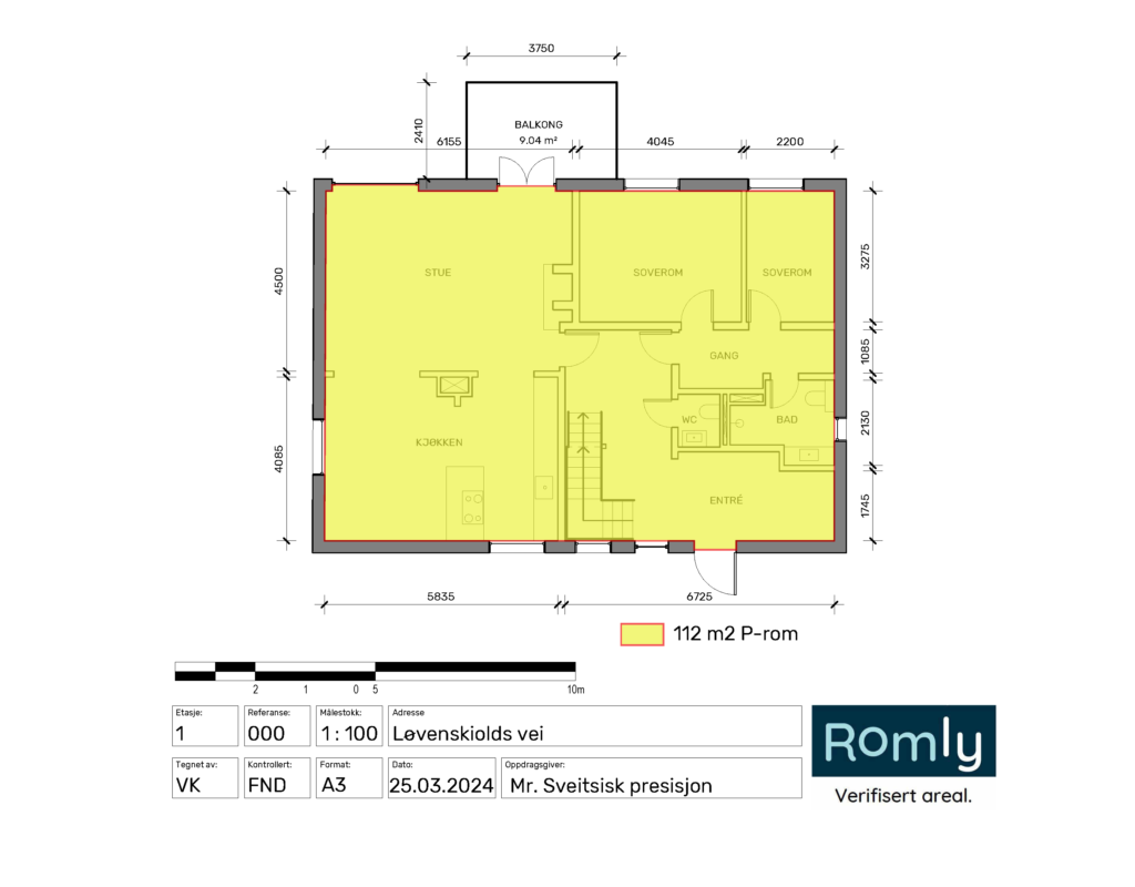 Plan av villa på Jar som viser beregning av P-rom - Romly