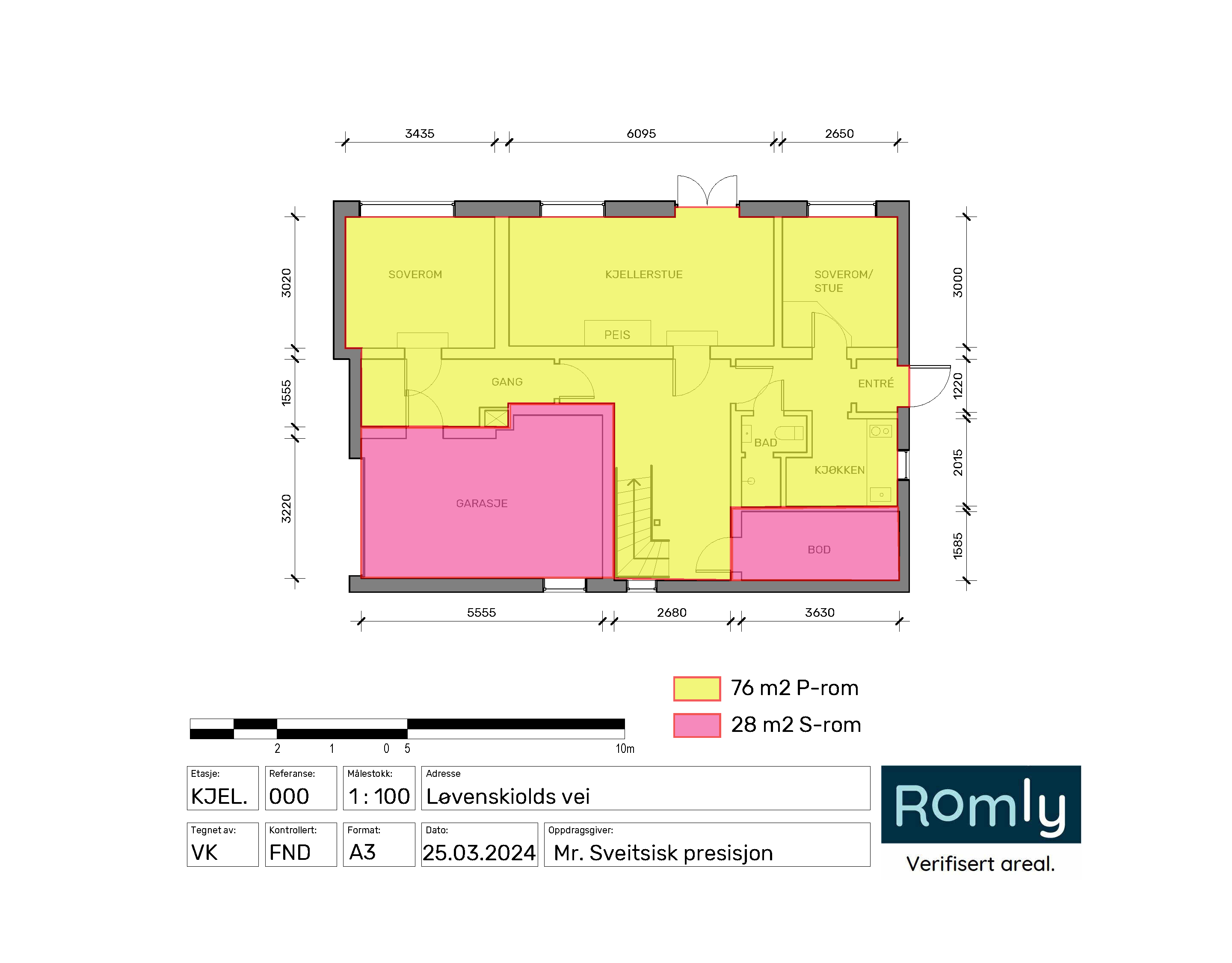 Kjellerplan av villa på Jar som viser beregning av P-rom og S-rom- Romly